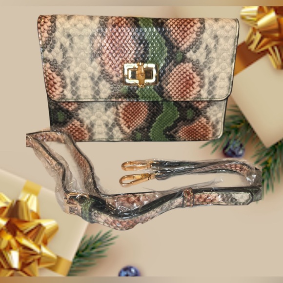 Designer inspired Python Embossed Clutch Convertible Bag, Bamboo Closure, Vegan - Picture 1 of 6